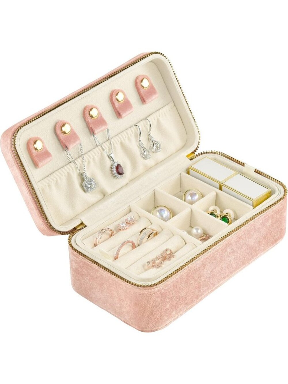 Plush Velvet Jewelry Box Organizer for Women - 2 Layer Travel Case for Rings